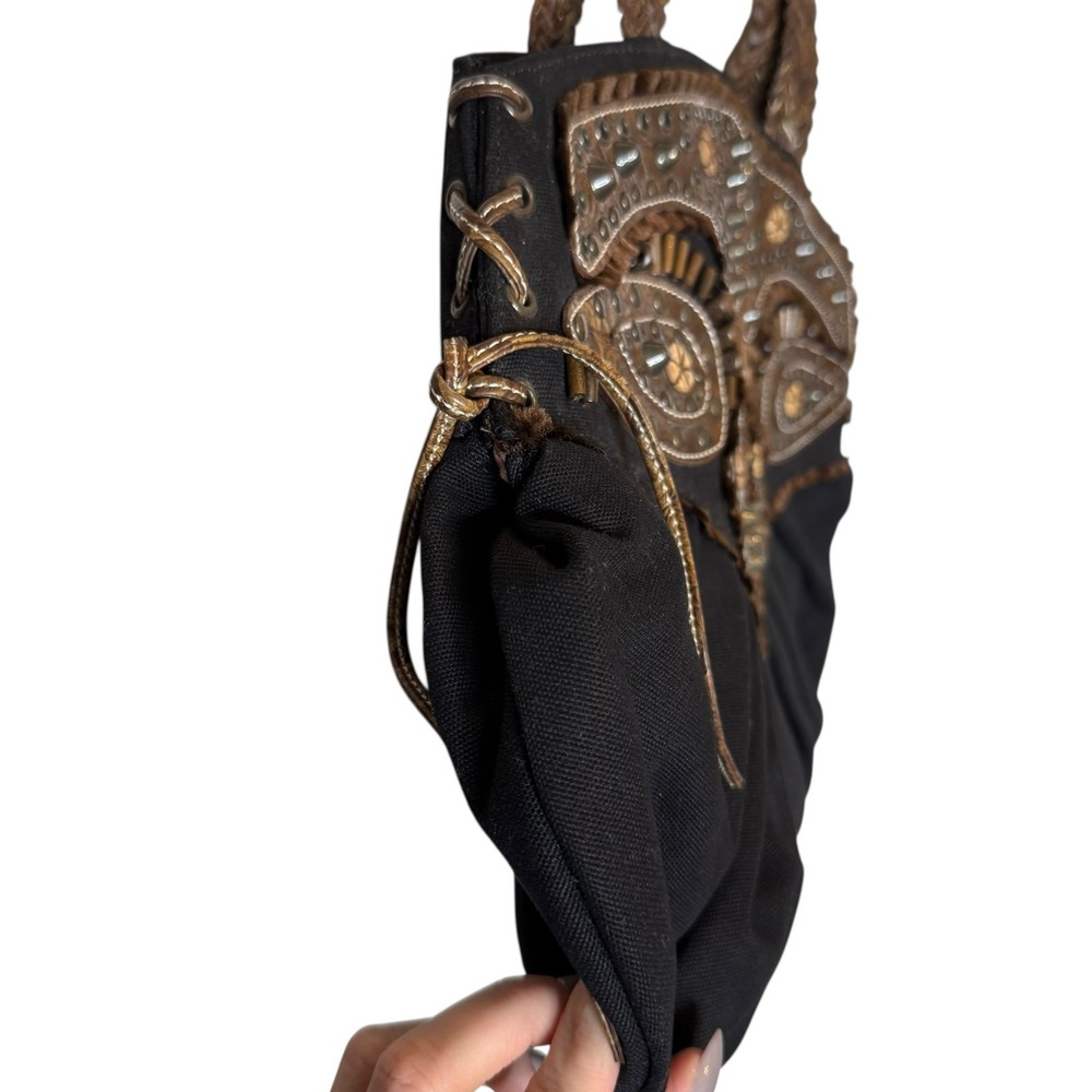 Braccialini Tua Canvas Beaded Studded Tote‎ Black Leather Embellished Detail Bag - Picture 4 of 10